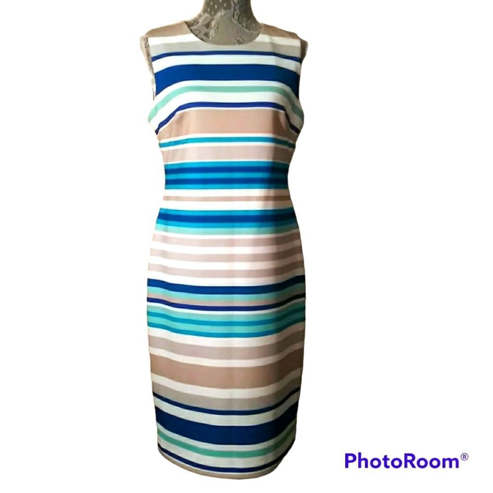 Calvin Klein Multicolor Striped Sheath Dress - Blue, Teal, Navy, Beige, White